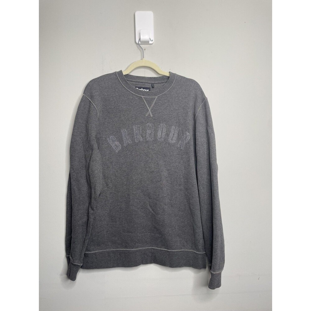 Barbour Sweatshirt Mens XL Gray Logo Crew Neck Fleece Pullover Casual Spellout
